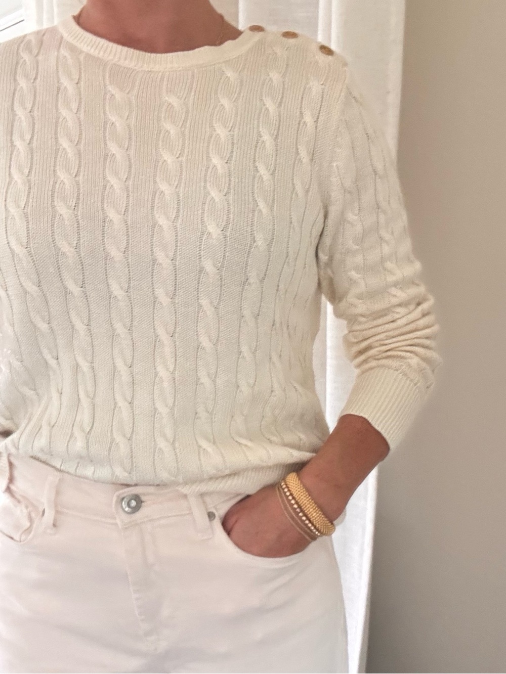 Lauren Ralph Lauren Cream Cable-Knit Crewneck Sweater with gold button detail